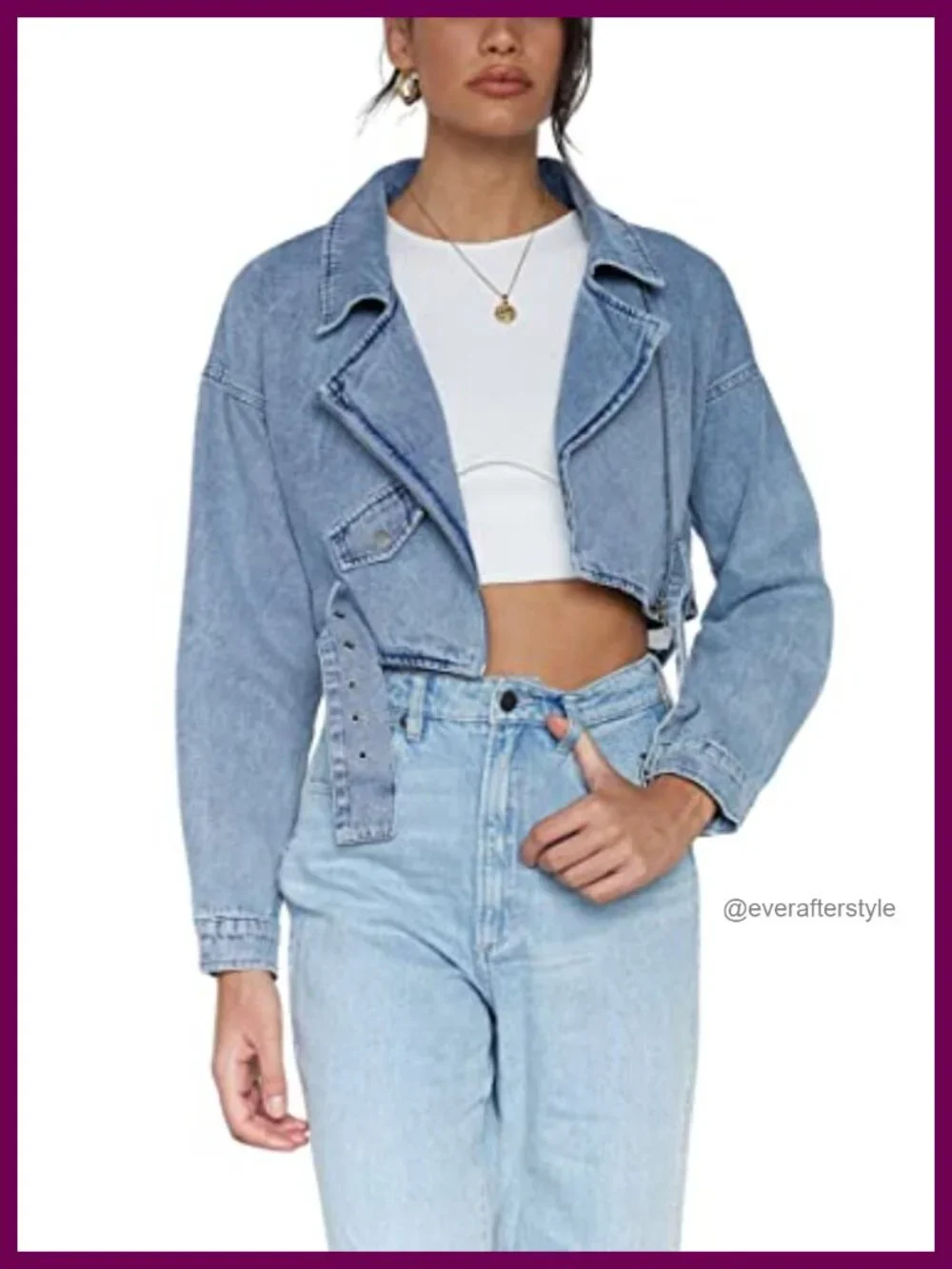 Women's Cropped Denim Jean Jacket with Belt and Zip Closure